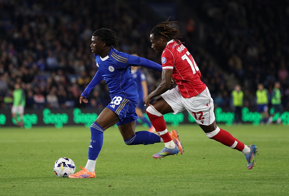 Jeremy Monga of Leicester City is challenged by Issa Kabore of Wrexham during the Sky Bet Championship match between Leicester City and Wrexham AFC...