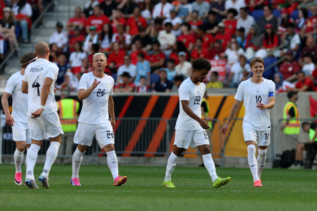 Martin Odegaard of Norway celebrates with teammates after scoring the team's first goal during the international friendly match between Morocco and Norway at Sports Illustrated Stadium on June 07, 2026 in Harrison, New Jersey