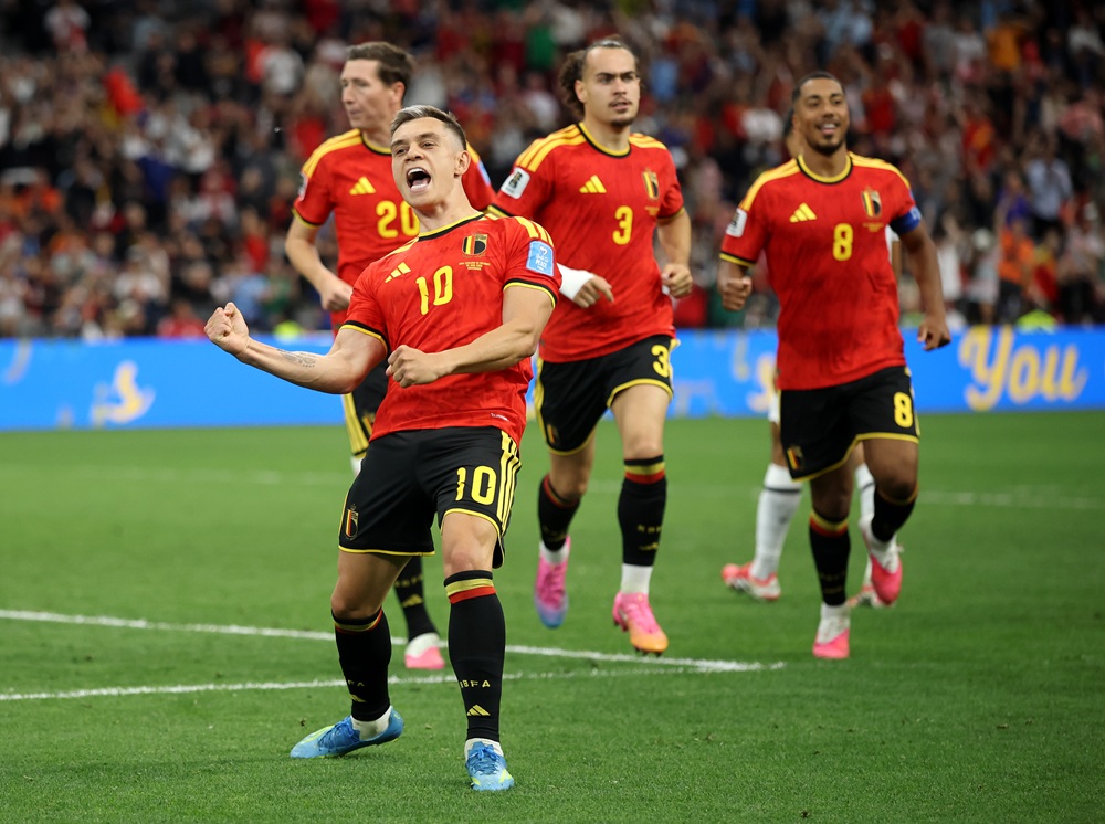 Leandro Trossard #10 of Belgium celebrates scoring his team's first goal during the FIFA World Cup 2026 Group G match between New Zealand and Belgium at BC Place Vancouver on June 26, 2026 in Vancouver, British Columbia. (Photo by Alex Grimm/Getty Images)