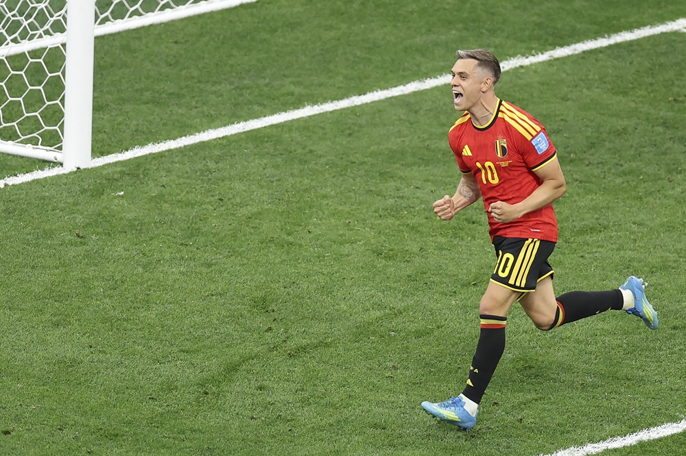 Leandro Trossard #10 of Belgium celebrates scoring his team's first goal during the FIFA World Cup 2026 Group G match between New Zealand and Belgium at BC Place Vancouver on June 26, 2026 in Vancouver, British Columbia. (Photo by Fran Santiago/Getty Images)