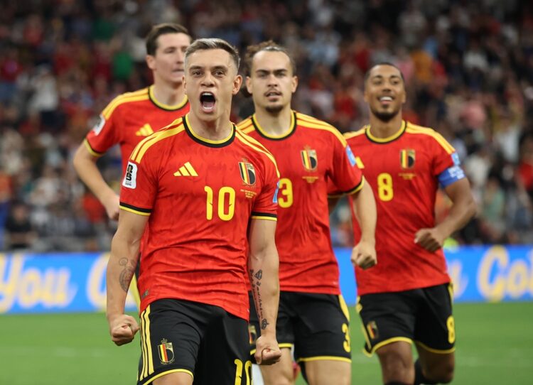 Leandro Trossard #10 of Belgium celebrates scoring his team's first goal during the FIFA World Cup 2026 Group G match between New Zealand and Belgi...