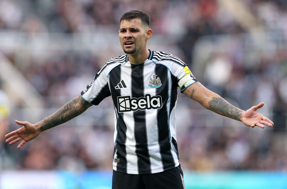 Newcastle United player Bruno Guimaraes reacts during the Premier League match between Newcastle United and Bournemouth at St James' Park on April ...