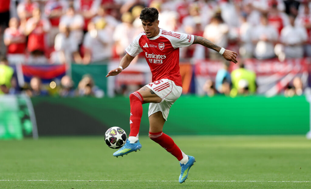 Piero Hincap of Arsenal runs with the ball during the UEFA Champions League Final 2026 match between Paris Saint-Germain and Arsenal FC at Puskas Arena on May 30, 2026 in Budapest