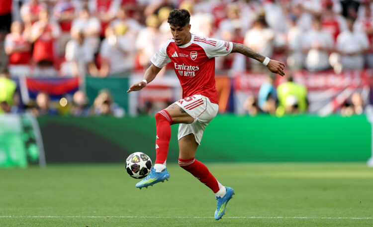 Piero Hincap of Arsenal runs with the ball during the UEFA Champions League Final 2026 match between Paris Saint-Germain and Arsenal FC at Puskas A...