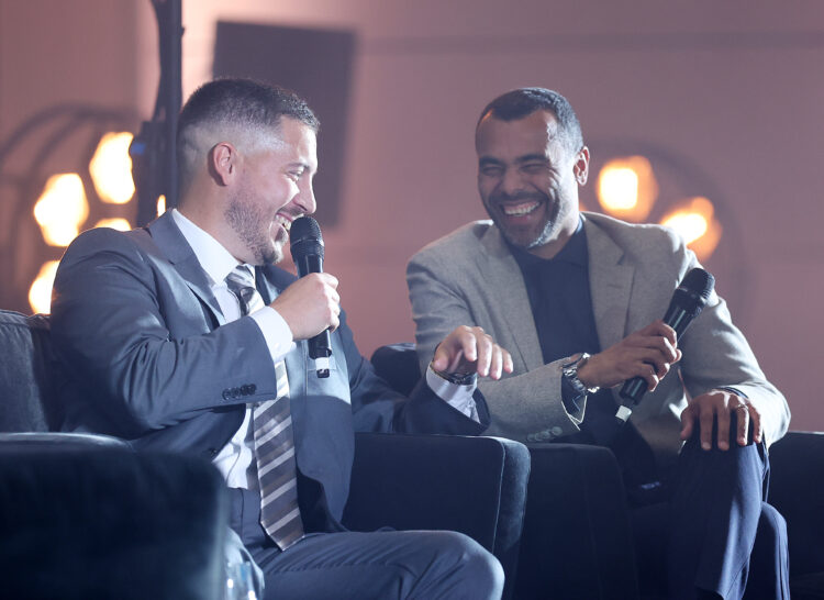 Eden Hazard and Ashley Cole speak on stage during the Premier League Hall of Fame 2025 at The Chancery Rosewood hotel on November 04, 2025