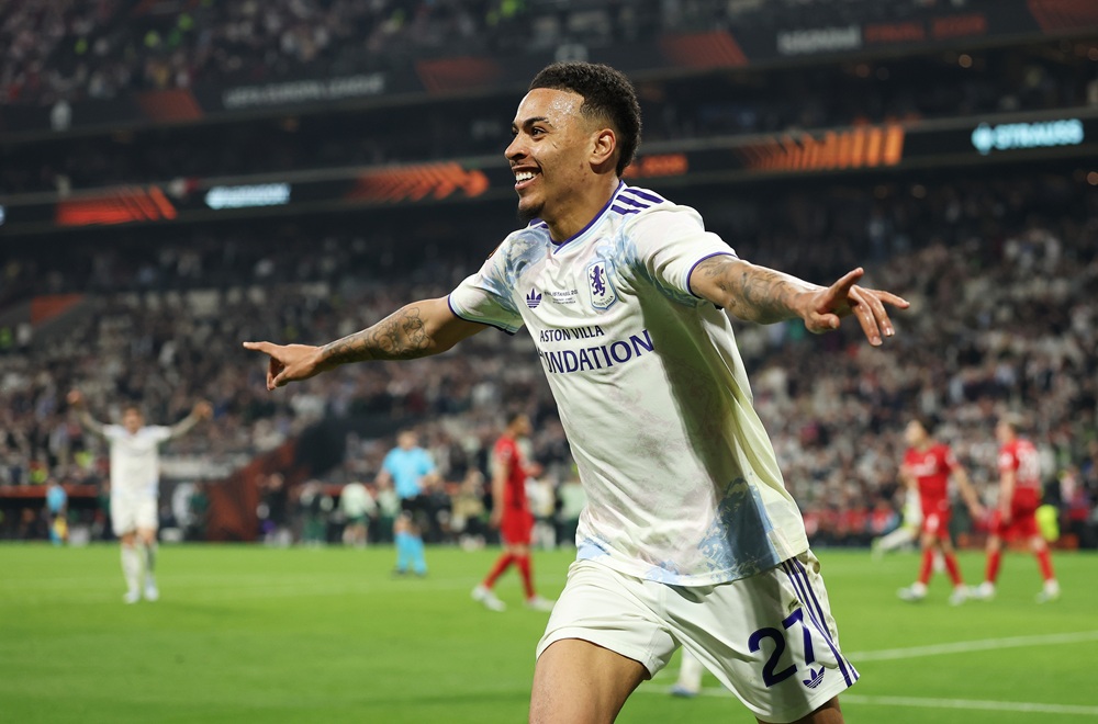 Morgan Rogers of Aston Villa celebrates scoring his team's third goal during the UEFA Europa League Final 2026 match between SC Freiburg and Aston ...