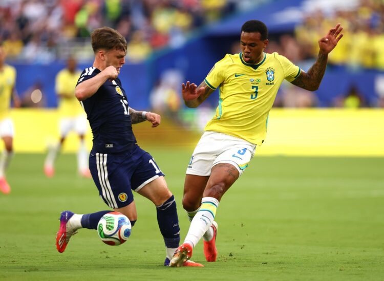 Ben Gannon-Doak #17 of Scotland competes for the ball against Gabriel Magalhaes #3 of Brazil during the FIFA World Cup 2026 Group C match between S...