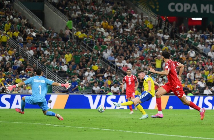Viktor Gyokeres #17 of Sweden scores his team's third goal during the FIFA World Cup 2026 Group F match between Sweden and Tunisia at Monterrey Sta...