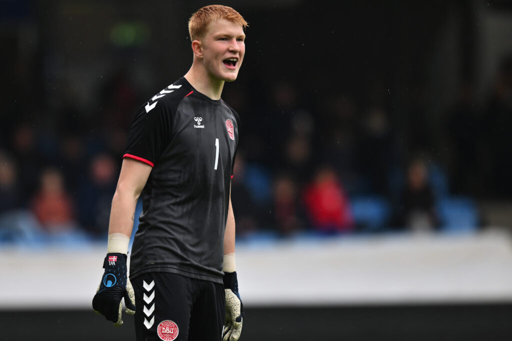 William Lykke of Denmark reacts during the U19 Denmark and U19 Germany International Friendly match at Blue Water Arena on May 10, 2023