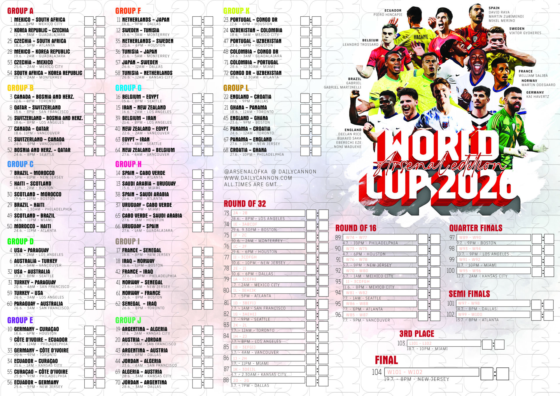 FREE Arsenal World Cup 2026 fixtures printable 2 world cup fixtures wallchart printable arsenal edition