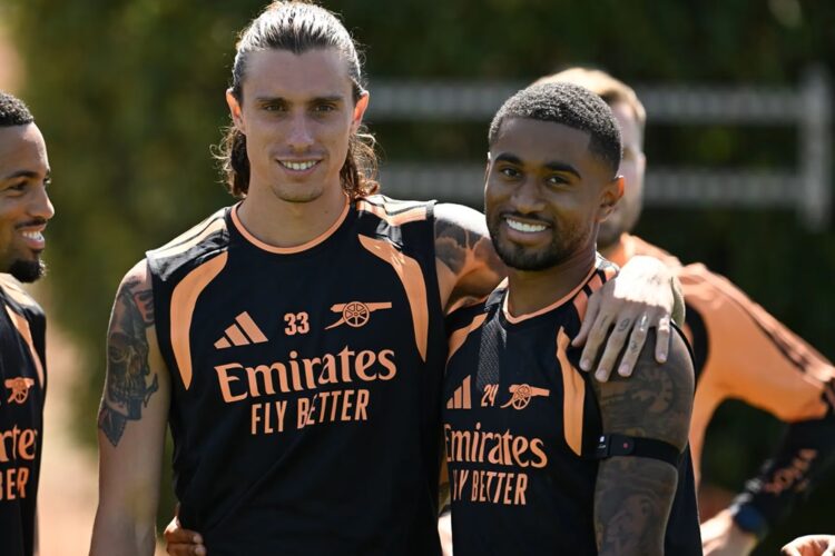 Reiss Nelson and Riccardo Calafiori during Arsenal pre-season (Photo via Arsenal.com)