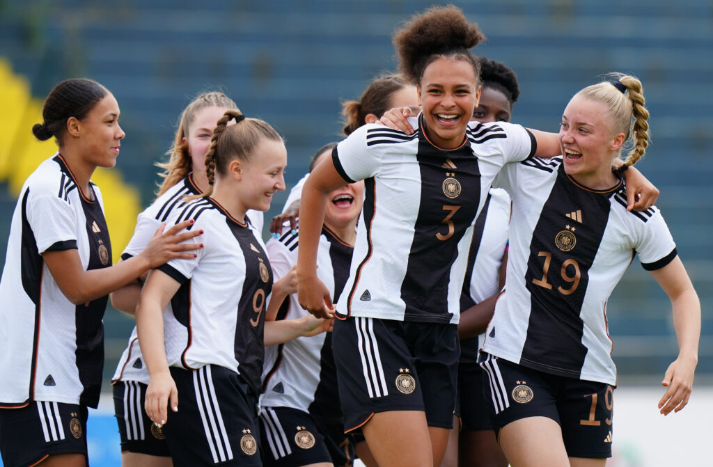 Lisa Baum of Germany and Melina Walheim of Germany celebrate after a goal during the UEFA Women's Under-17 Championship Estonia 2023 qualification match between Germany and North Macedonia on March 23, 2023