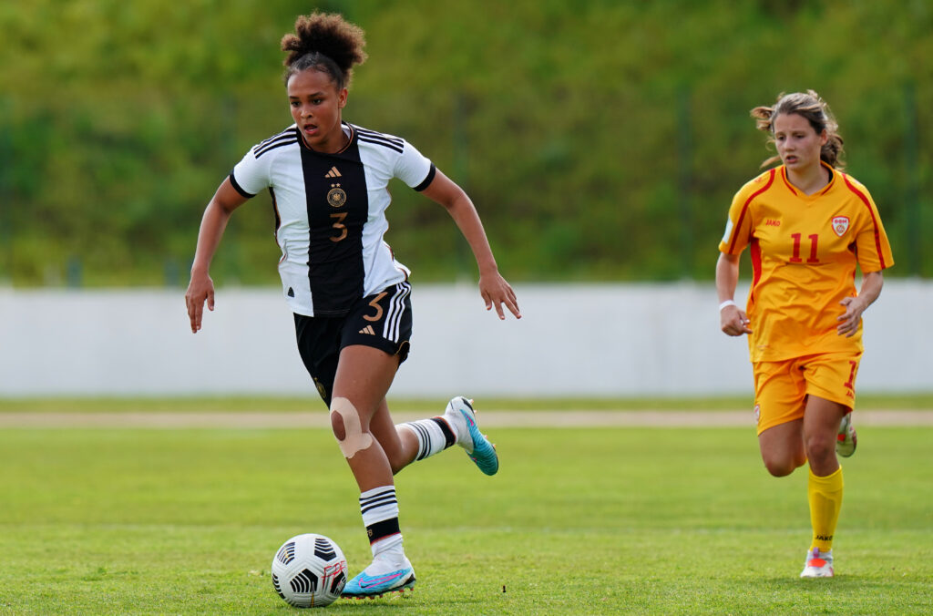 Lisa Baum of Germany in action during the UEFA Women's Under-17 Championship Estonia 2023 qualification match between Germany and North Macedonia on March 23, 2023 at Complexo Desportivo do Real Sport Clube in Queluz, Portugal