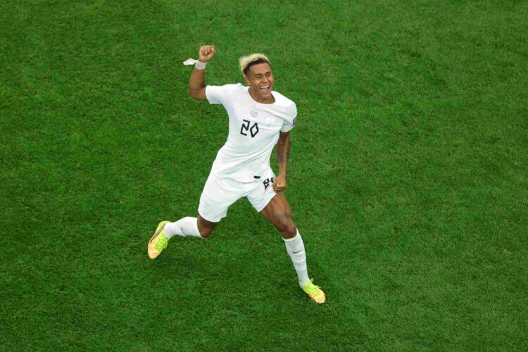 Antonio Nusa #20 of Norway celebrates scoring his team's first goal during the FIFA World Cup 2026 Round Of 32 match between Cote d'Ivoire and Norw...