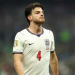 Declan Rice #4 of England during the FIFA World Cup 2026 Round Of 16 match between Mexico and England at Mexico City