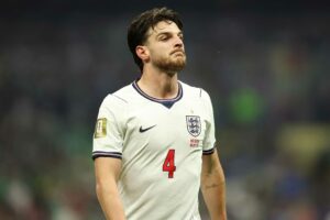 Declan Rice #4 of England during the FIFA World Cup 2026 Round Of 16 match between Mexico and England at Mexico City