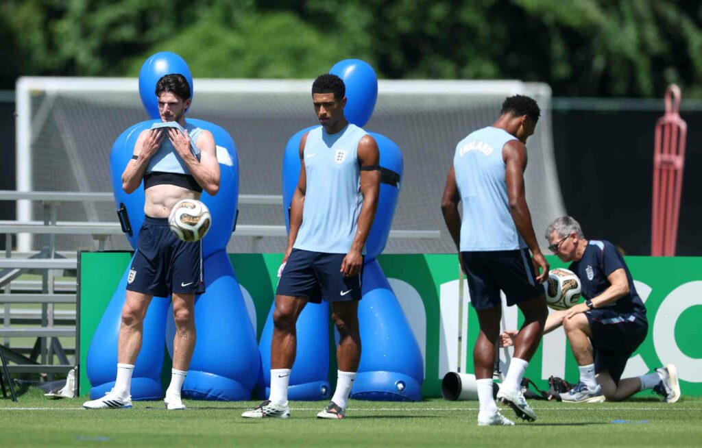 Declan Rice #4 and Jude Bellingham #10 of England attend a training session one day ahead of the FIFA World Cup 2026 Semi Final match at Swope Soccer Village on July 14, 2026 in Kansas City, Missouri.