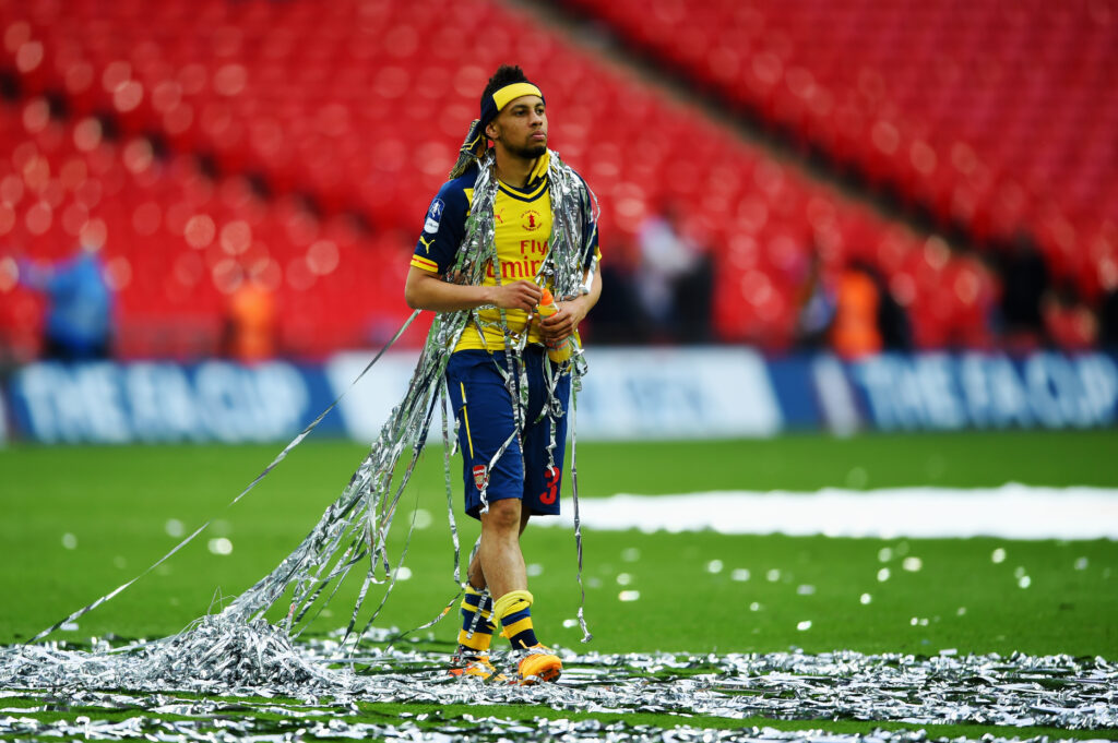Francis Coquelin of Arsenal looks on in victory after the FA Cup Final between Aston Villa and Arsenal at Wembley Stadium on May 30, 2015