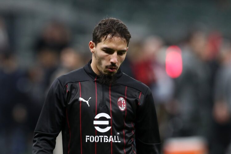 Ismael Bennacer of AC Milan looks on as he warms up prior to the Serie A match between AC Milan and FC Internazionale at Stadio Giuseppe Meazza on ...