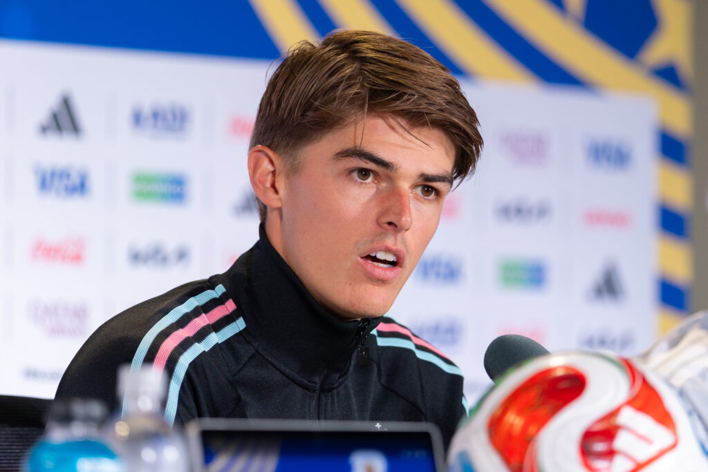 Charles De Ketelaere of Belgium attends a press conference after the training session one day ahead of the FIFA World Cup 2026