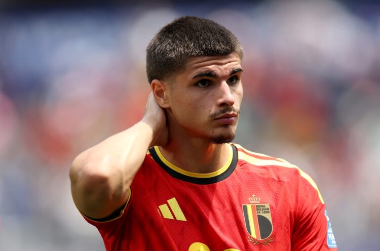 Matias Fernandez-Pardo #26 of Belgium reacts after the scoreless draw in the FIFA World Cup 2026 Group G match between Belgium and IR Iran at Los A...