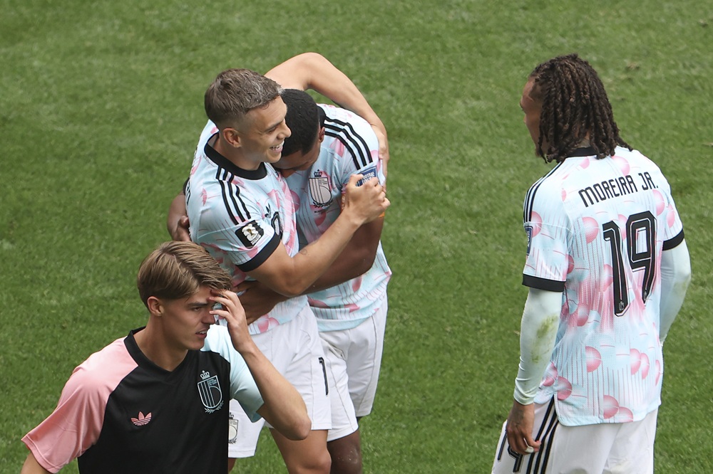 Youri Tielemans #8 of Belgium celebrates with teammate Leandro Trossard #10 after scoring his team's third goal during the FIFA World Cup 2026 Round Of 32 match between Belgium and Senegal at Seattle Stadium on July 01, 2026 in Seattle, Washington. (Photo by Emilee Chinn/Getty Images)