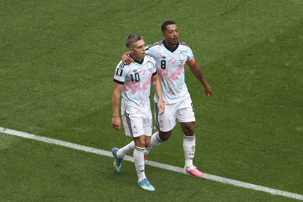 Youri Tielemans #8 of Belgium celebrates with teammate Leandro Trossard #10 after scoring his team's second goal during the FIFA World Cup 2026 Round Of 32 match between Belgium and Senegal at Seattle Stadium on July 01, 2026 in Seattle, Washington. (Photo by Emilee Chinn/Getty Images)