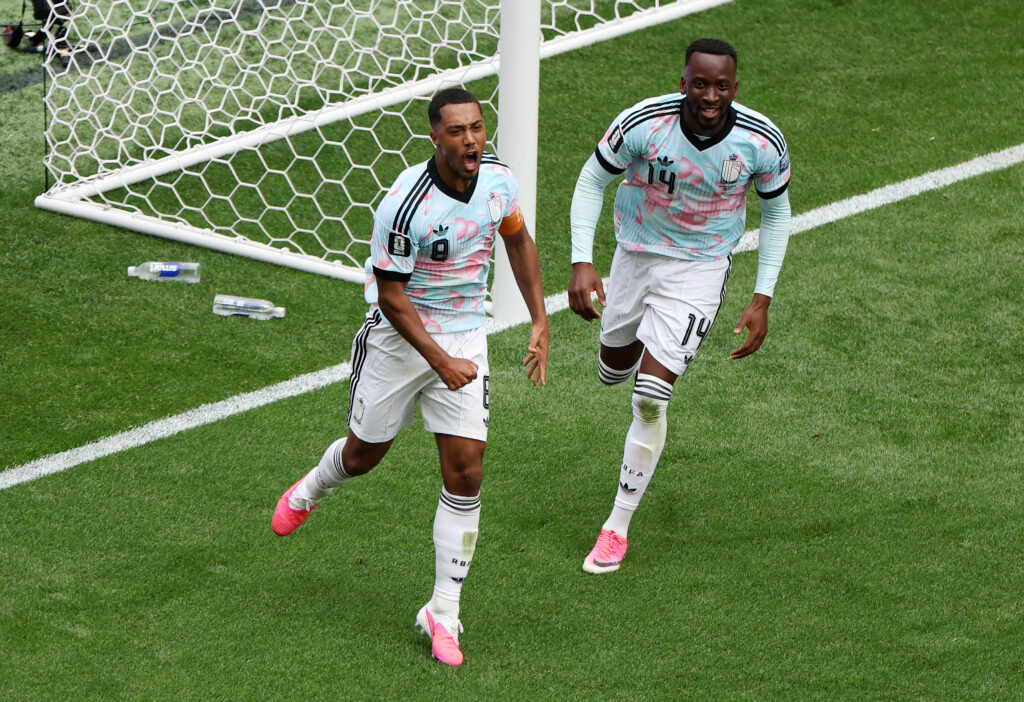 Youri Tielemans #8 of Belgium celebrates with teammate Dodi Lukebakio #14 after scoring his team's second goal during the FIFA World Cup 2026 Round Of 32 match between Belgium and Senegal at Seattle Stadium