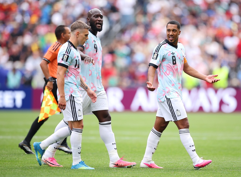 Leandro Trossard #10 and Youri Tielemans #8 of Belgium have words while Romelu Lukaku #9 intervenes during the FIFA World Cup 2026 Round Of 32 match between Belgium and Senegal at Seattle Stadium on July 01, 2026 in Seattle, Washington. (Photo by Alex Grimm/Getty Images)