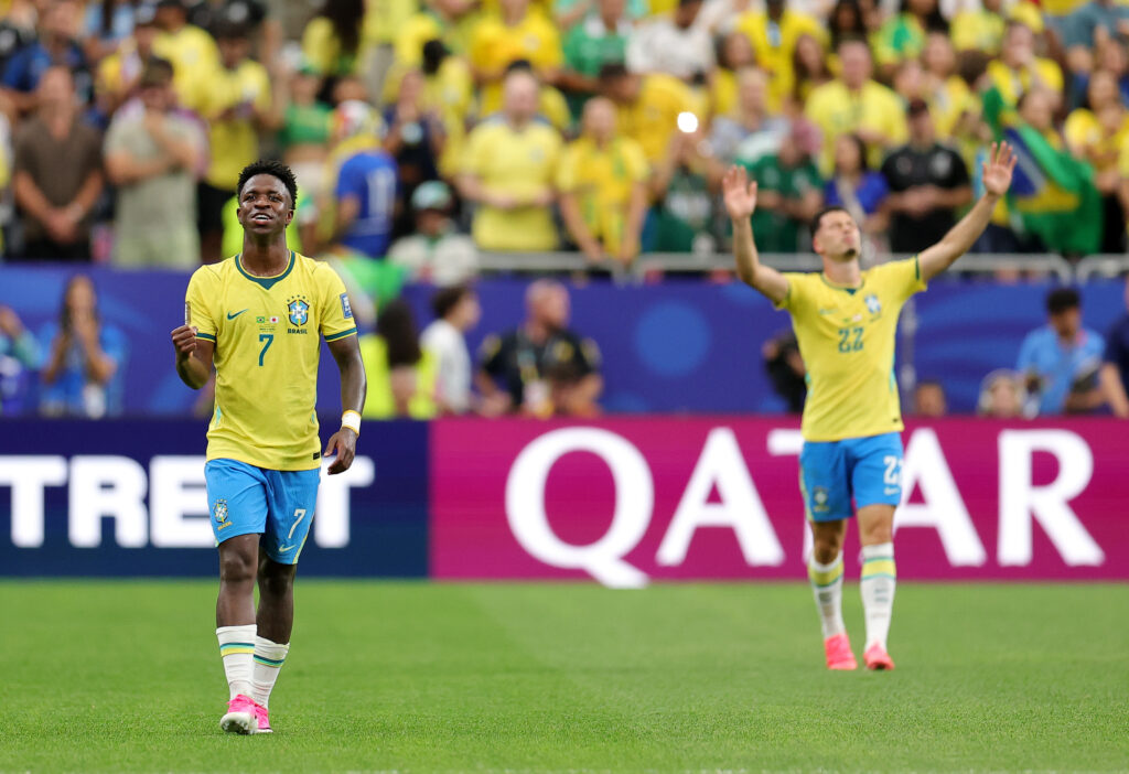 Arsenal transfer gossip roundup: Vinicius Jnr, Alvarez, Barcola + more 4 Vinicius Junior #7 of Brazil celebrates after the team's second goal by Gabriel Martinelli #22 during the FIFA World Cup 2026 Round Of 32 match between Brazil and Japan