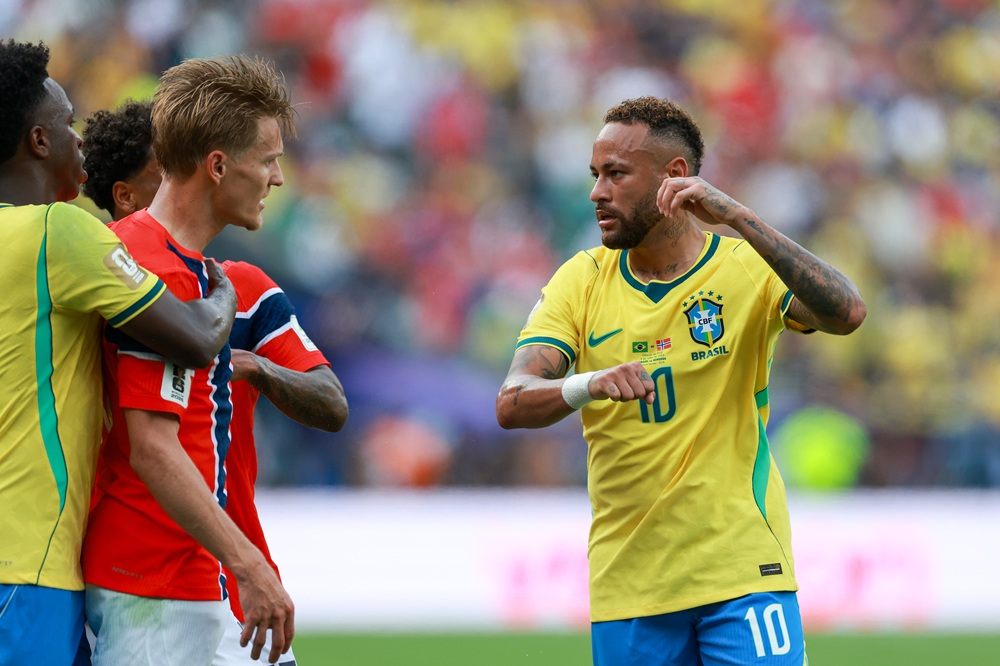 Neymar Jr #10 of Brazil has words with Martin Odegaard #10 of Norway during the FIFA World Cup 2026 Round of 16 match between Brazil and Norway at ...