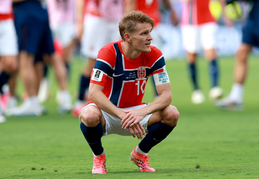 Arsenal star ill ahead of World Cup quarter-final showdown 2 Martin Odegaard #10 of Norway reacts after the 2-1 victory during the FIFA World Cup 2026 Round of 16 match between Brazil and Norway at New York New Jersey Stadium on July 05,