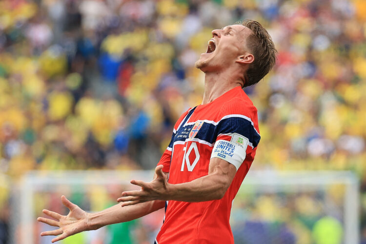 Martin Odegaard #10 of Norway reacts during the FIFA World Cup 2026 Round of 16 match between Brazil and Norway at New York New Jersey Stadium on J...
