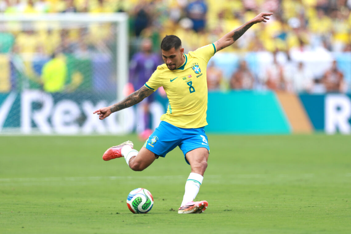 EAST RUTHERFORD, NEW JERSEY - JULY 05: Bruno Guimaraes #8 of Brazil controls the ball during the FIFA World Cup 2026 Round of 16 match between Braz...
