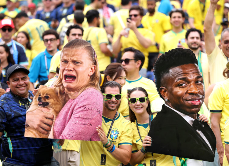 Brazil fans pose for photos in the stands with cutouts of Erling Haaland #9 of Norway and Vinicius Junior #7 of Brazil during the FIFA World Cup 20...