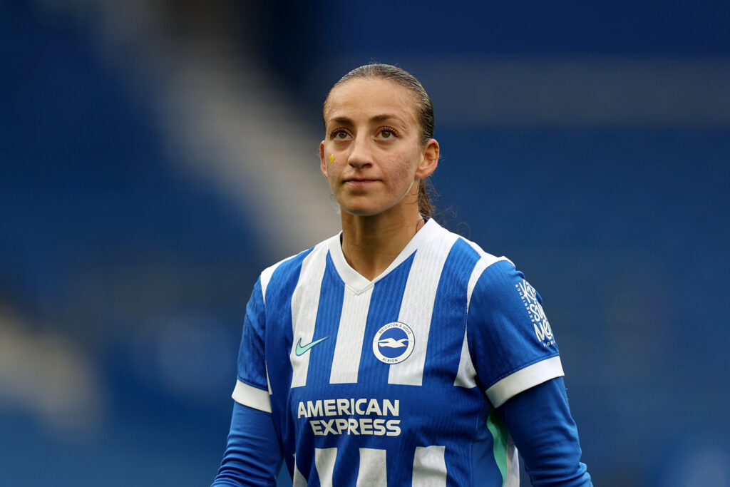 BRIGHTON, ENGLAND - NOVEMBER 16: Rosa Kafaji of Brighton & Hove Albion looks on during the Barclays Women's Super League match between Brighton & Hove Albion and Leicester City at Amex Stadium on November 16, 2025 in Brighton, England. (Photo by Jasper Wax/Getty Images)