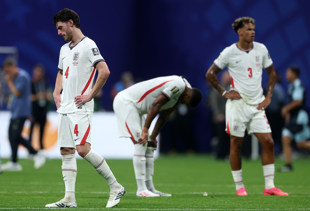 Declan Rice #4 of England reacts after the 1-2 loss during the FIFA World Cup 2026 Semi Final match between England and Argentina at Atlanta Stadium on July 15, 2026 in Atlanta, Georgia. (Photo by Richard Pelham/Getty Images)