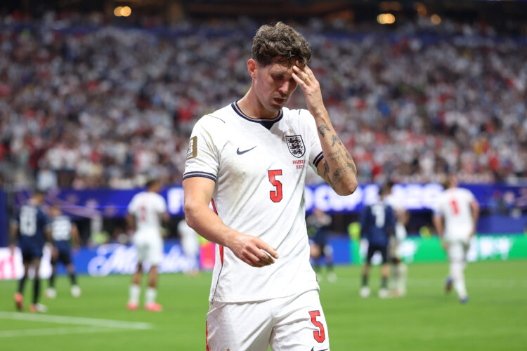 John Stones #5 of England reacts during the FIFA World Cup 2026 Semi Final match between England and Argentina
