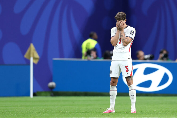 John Stones #5 of England reacts during the FIFA World Cup 2026 Semi Final match between England and Argentina at Atlanta Stadium on July 15, 2026 ...
