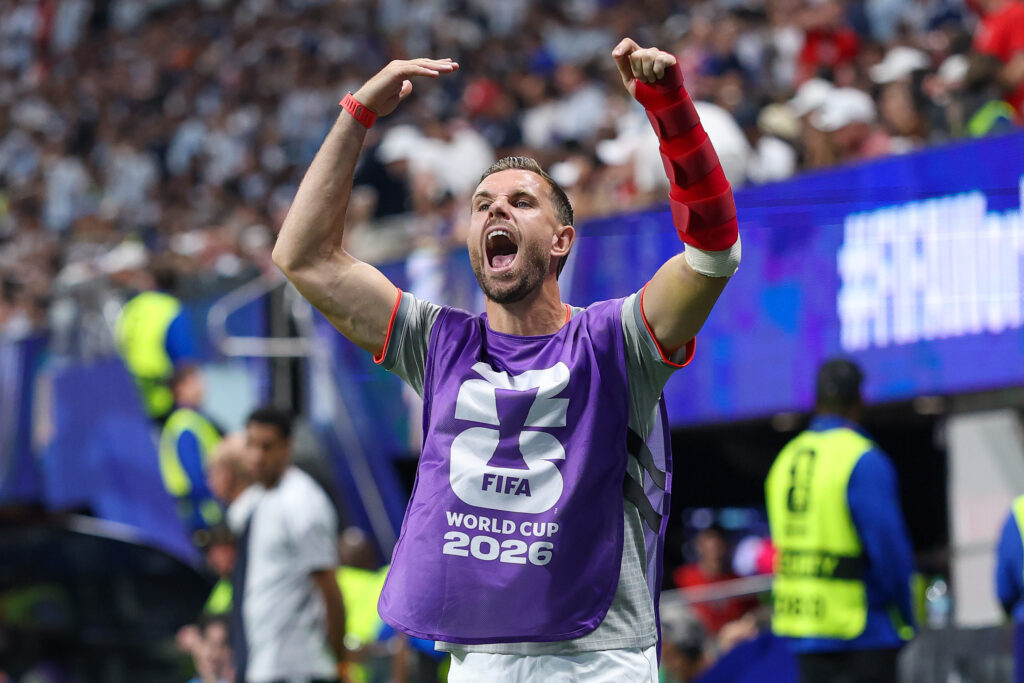 Jordan Henderson #14 of England reacts during the FIFA World Cup 2026 Semi Final match between England and Argentina at Atlanta Stadium on July 15,