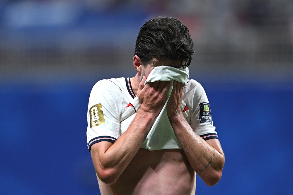 Declan Rice #4 of England reacts at half time during the FIFA World Cup 2026 Semi Final match between England and Argentina at Atlanta Stadium on J...