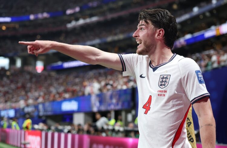 Declan Rice #4 of England gestures during the FIFA World Cup 2026 Round Of 32 match between England and Congo DR at Atlanta Stadium on July 01, 202...