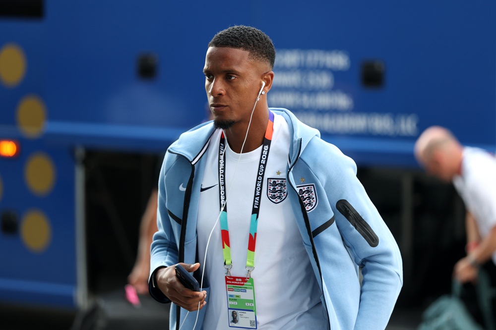 Ezri Konsa #2 of England arrives at the stadium before the FIFA World Cup 2026 Round Of 32 match between England and Congo DR at Atlanta Stadium on...