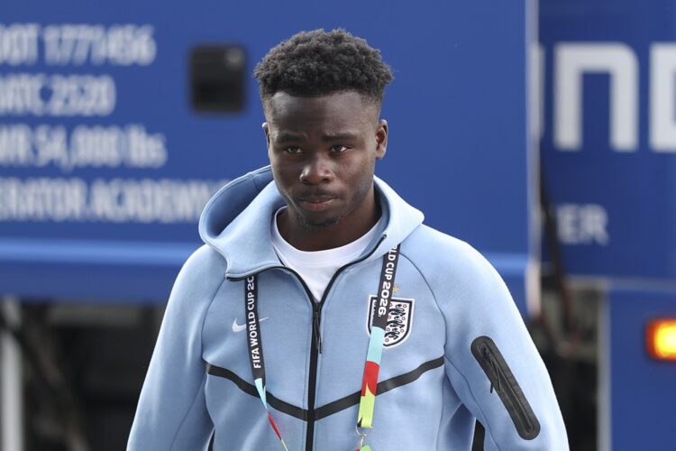 Bukayo Saka #7 of England arrives at the stadium before the FIFA World Cup 2026 Round Of 32 match between England and Congo DR at Atlanta Stadium o...