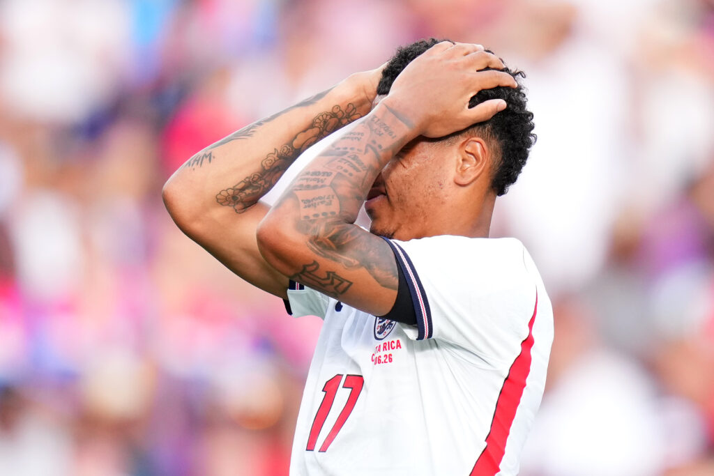 Morgan Rogers #17 of England reacts during the International Friendly match between England and Costa Rica