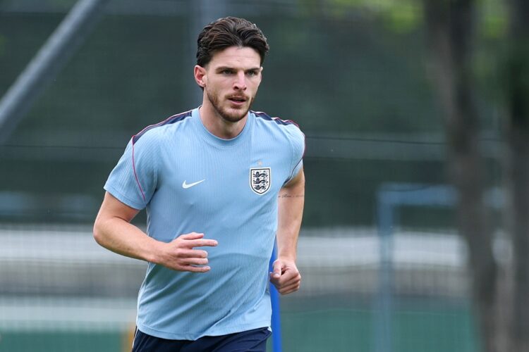 Declan Rice #4 of England participates in an England Training Session during an England World Cup 2026 Camp on July 04, 2026 in Mexico City, Mexico...