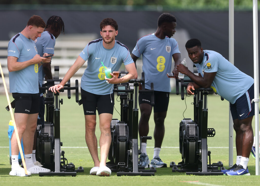 Elliot Anderson #8, Declan Rice #4, Bukayo Saka #7 and Marc Guehi #6 of England participate in an England Training Session at Swope Soccer Village on July 02, 2026 in Kansas City, Kansas.