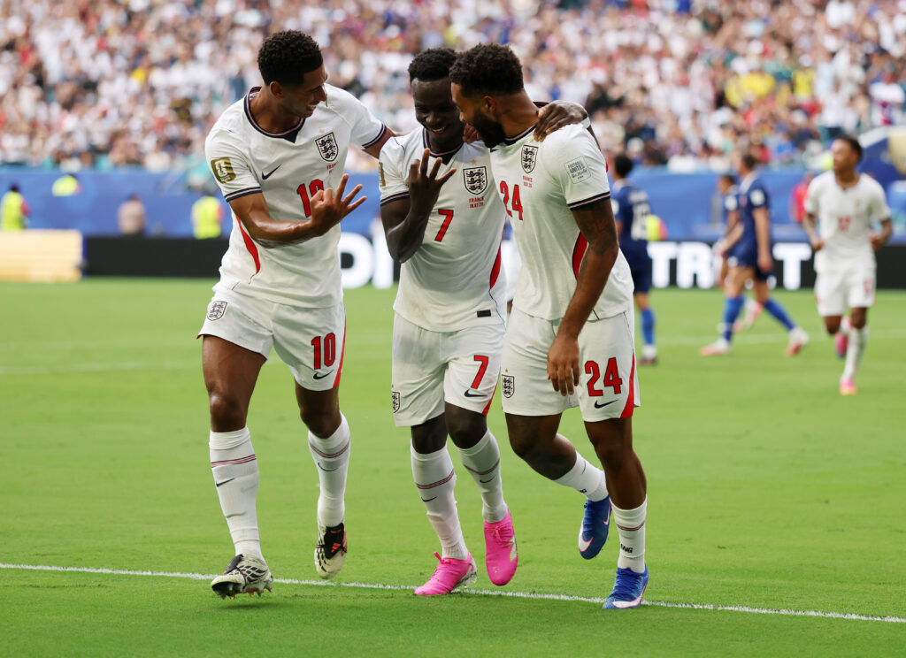 Tuchel explains not playing Saka in World Cup semi-final 5 Bukayo Saka #7 of England celebrates scoring his team's fifth goal and his hat trick goal with team mates Jude Bellingham #10 and Reece James #24