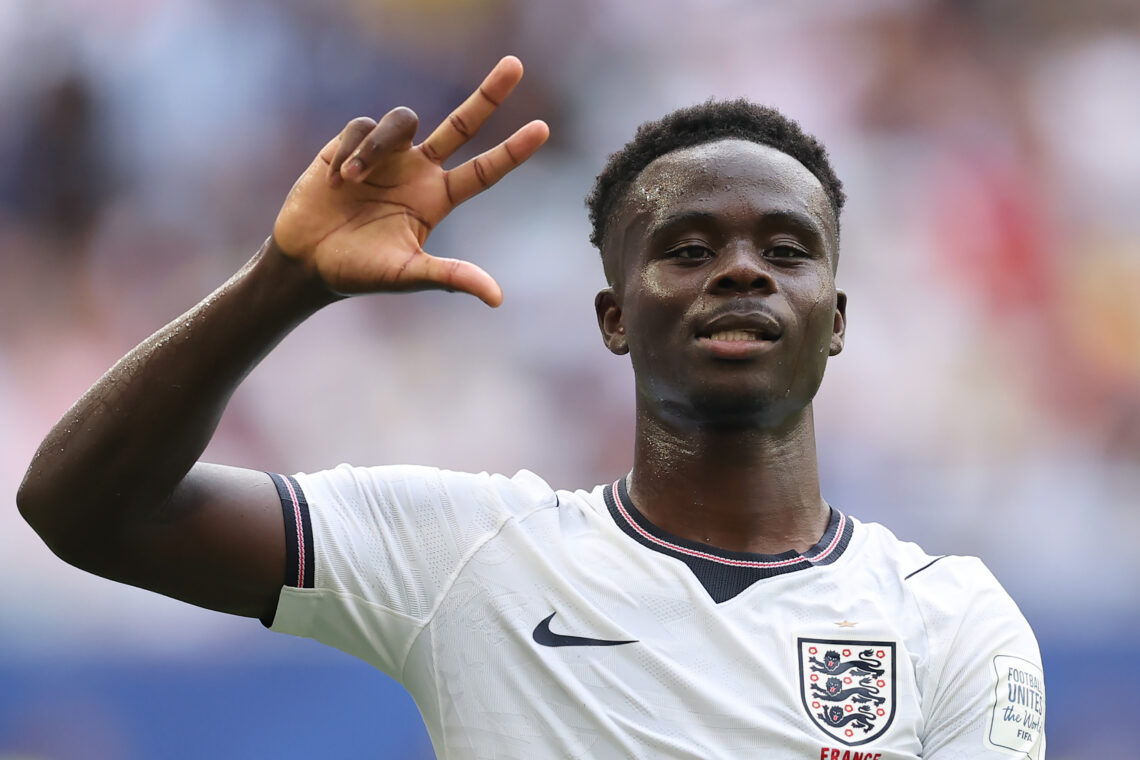 Tuchel explains not playing Saka in World Cup semi-final 1 Bukayo Saka #7 of England celebrates after scoring his team's fifth and hat trick goal during the FIFA World Cup 2026 Bronze Final between France a...