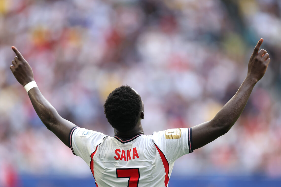 Bukayo Saka #7 of England celebrates after scoring his team's fifth and hat trick goal during the FIFA World Cup 2026 Bronze Final between France a...